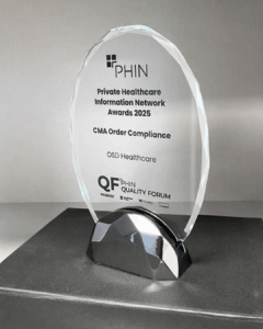 Clear perspex award indicating CMA Compliance and awarded by PHIN